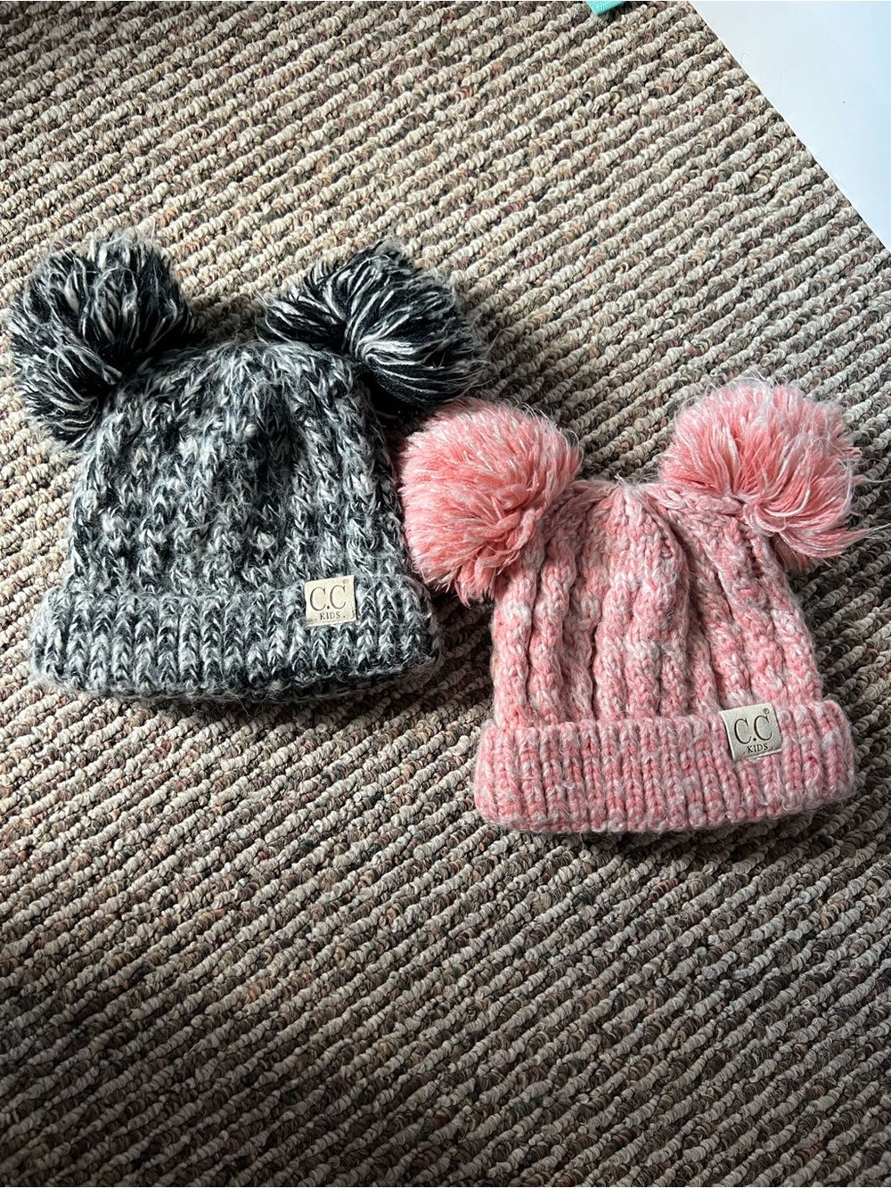 C.C Kids Double Pom Knit Beanies - Pink & Gray